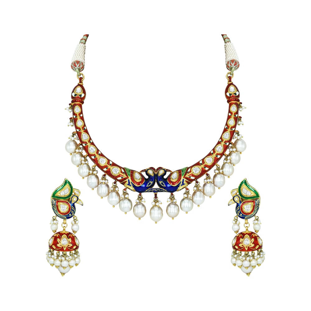 Peacock Motif Enamel Necklace Set with Polki and Pearl Drops